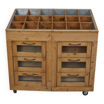 Meuble de mercerie hollandais vintage en pin et verre