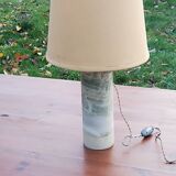 Designer lamp from the 70s in almond green onyx with original fabric shade