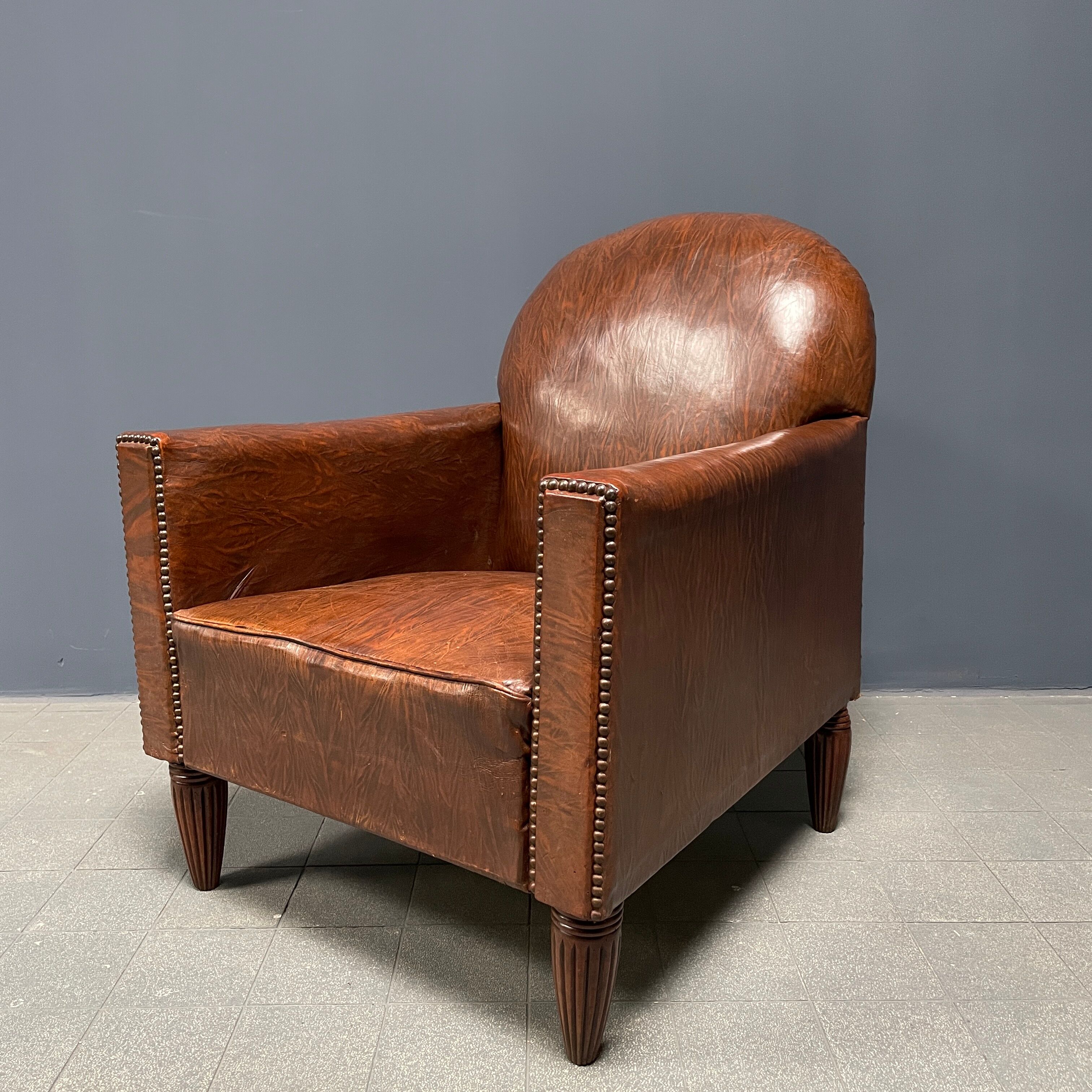Leather art deco club chair from france, early 1900