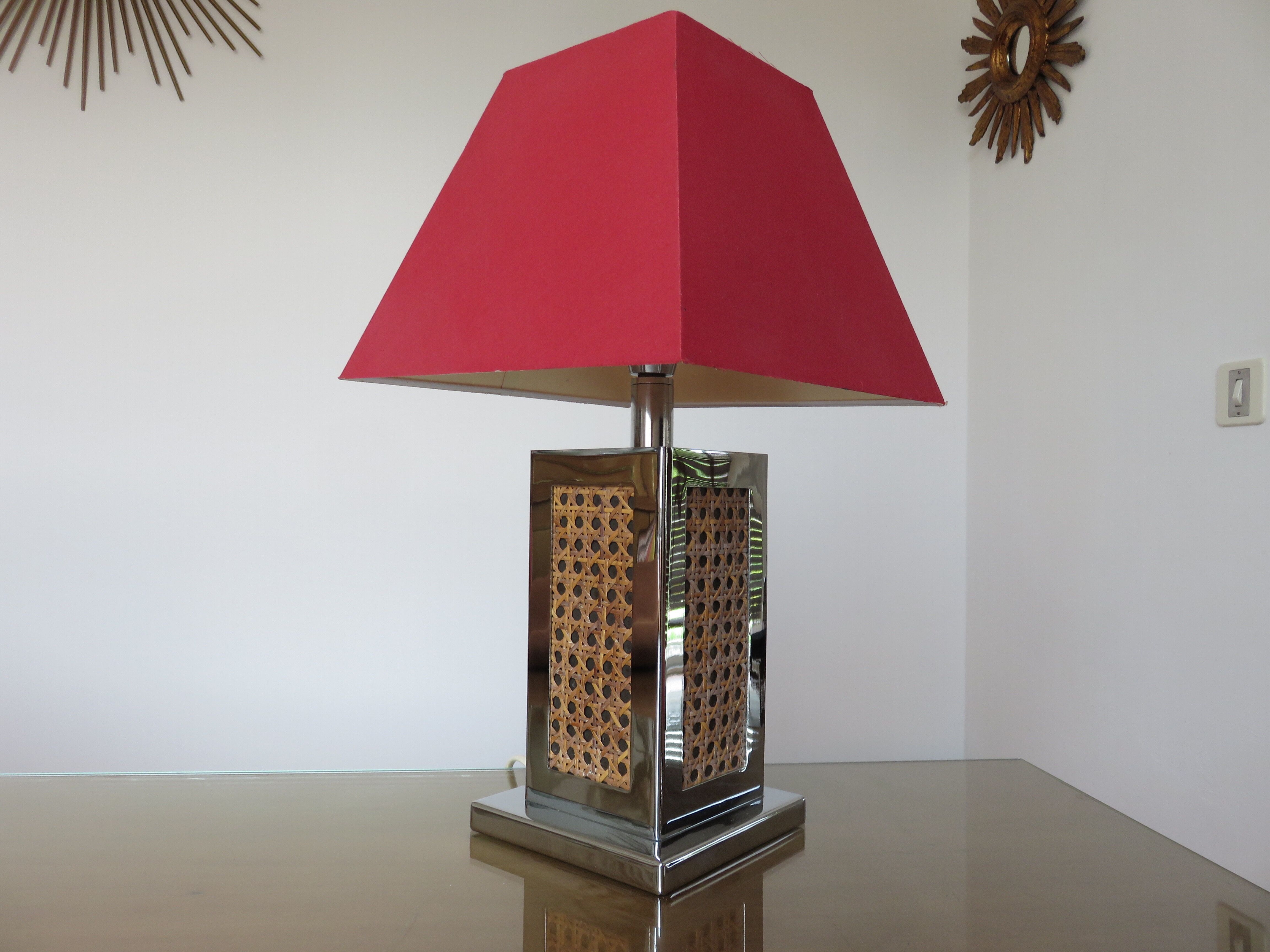 Lamp in chrome metal and 70's caning