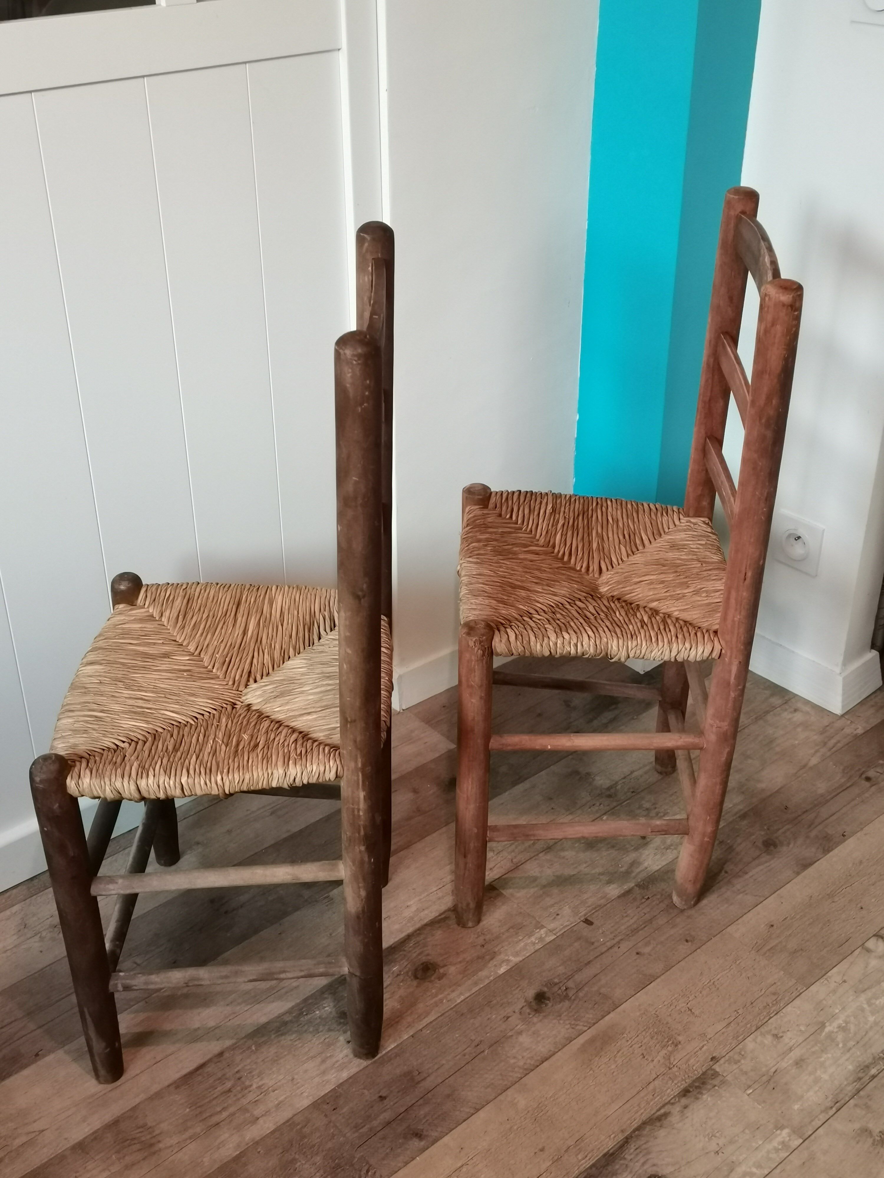 St of 2 raw wood and straw chairs