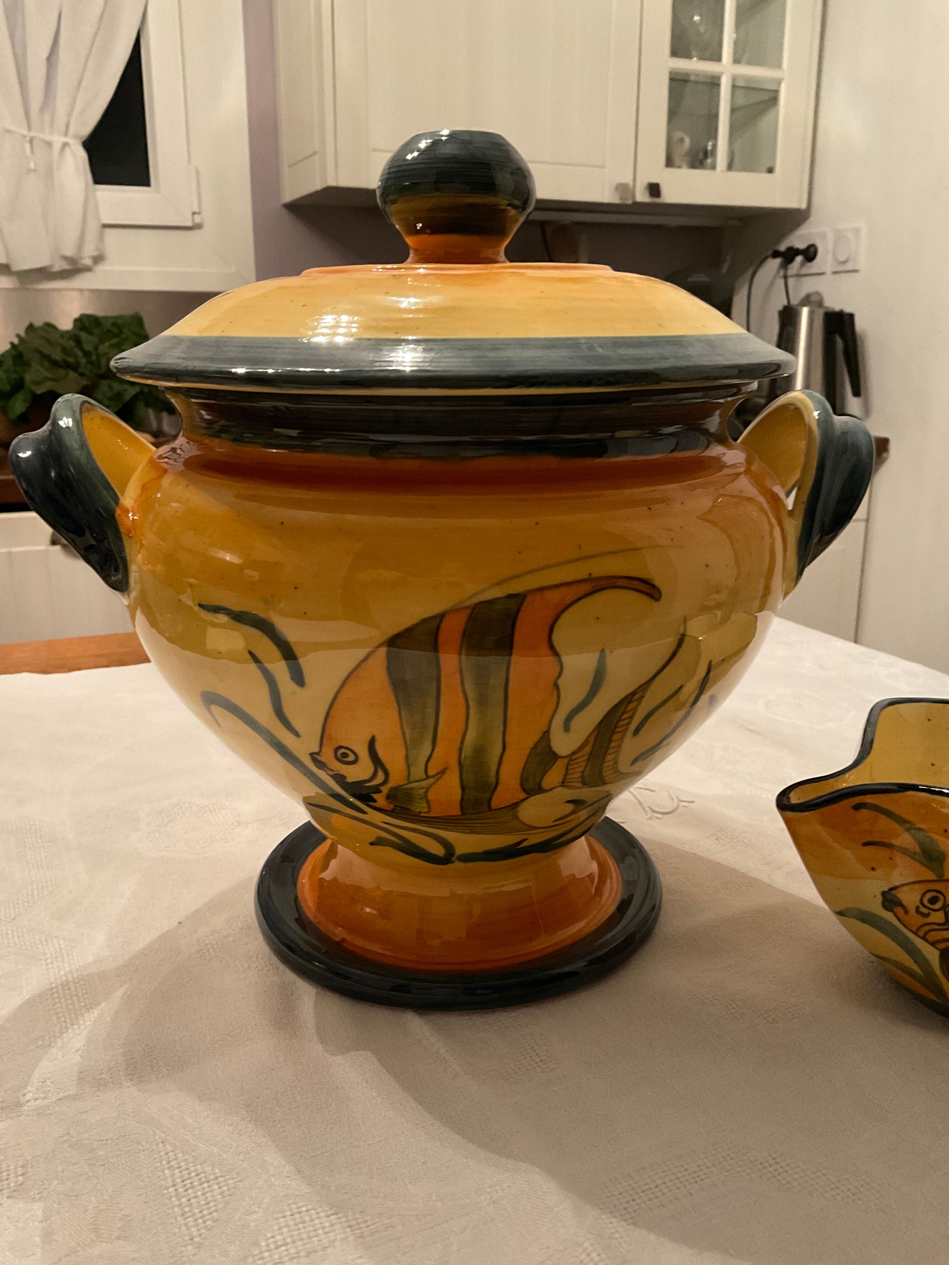 Souptureen and saucière, glazed terracotta, France, Provence