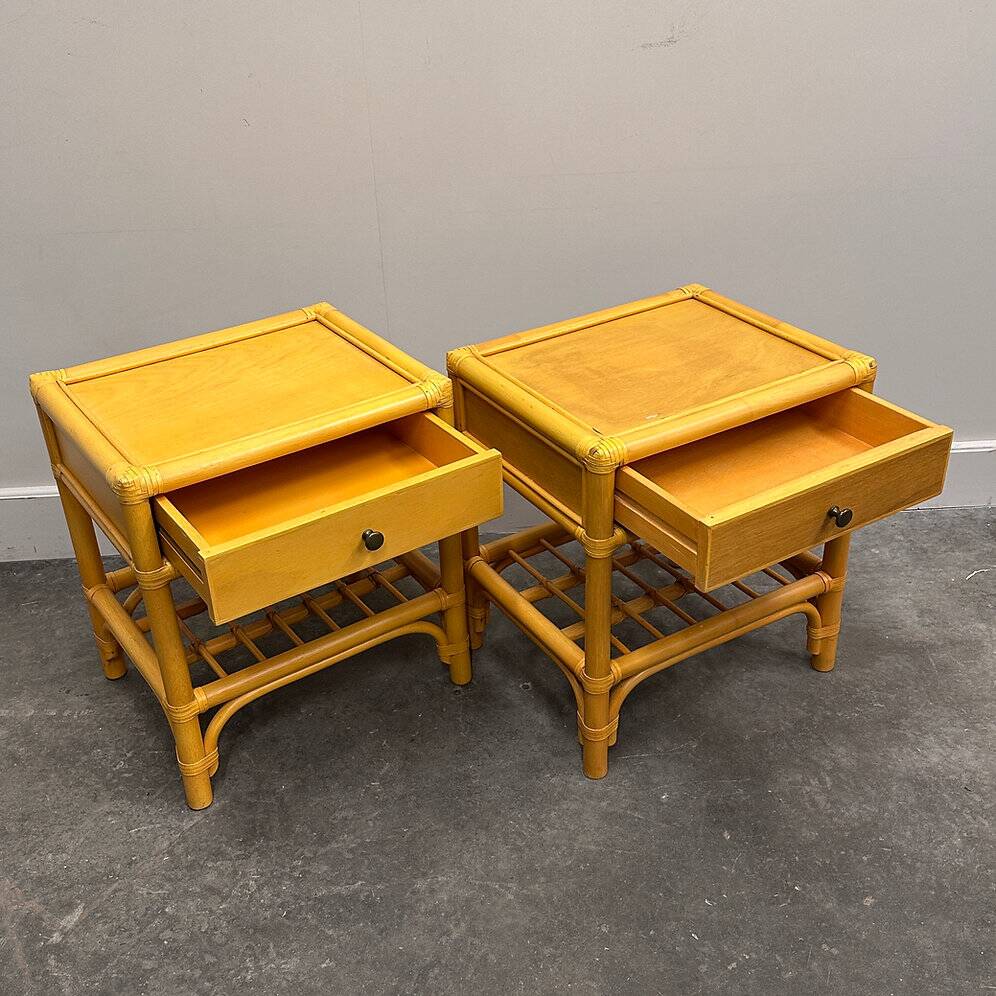 Pair of vintage bamboo & wood nightstands with drawer, 1970s