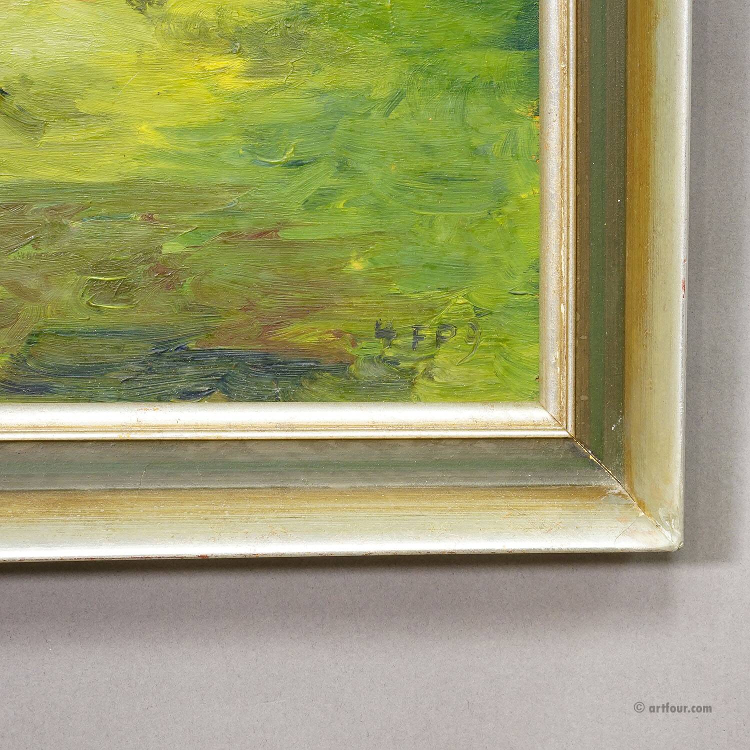 Alpine landscape painting with meadow, trees, and mountains.