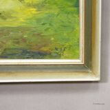 Alpine landscape painting with meadow, trees, and mountains.