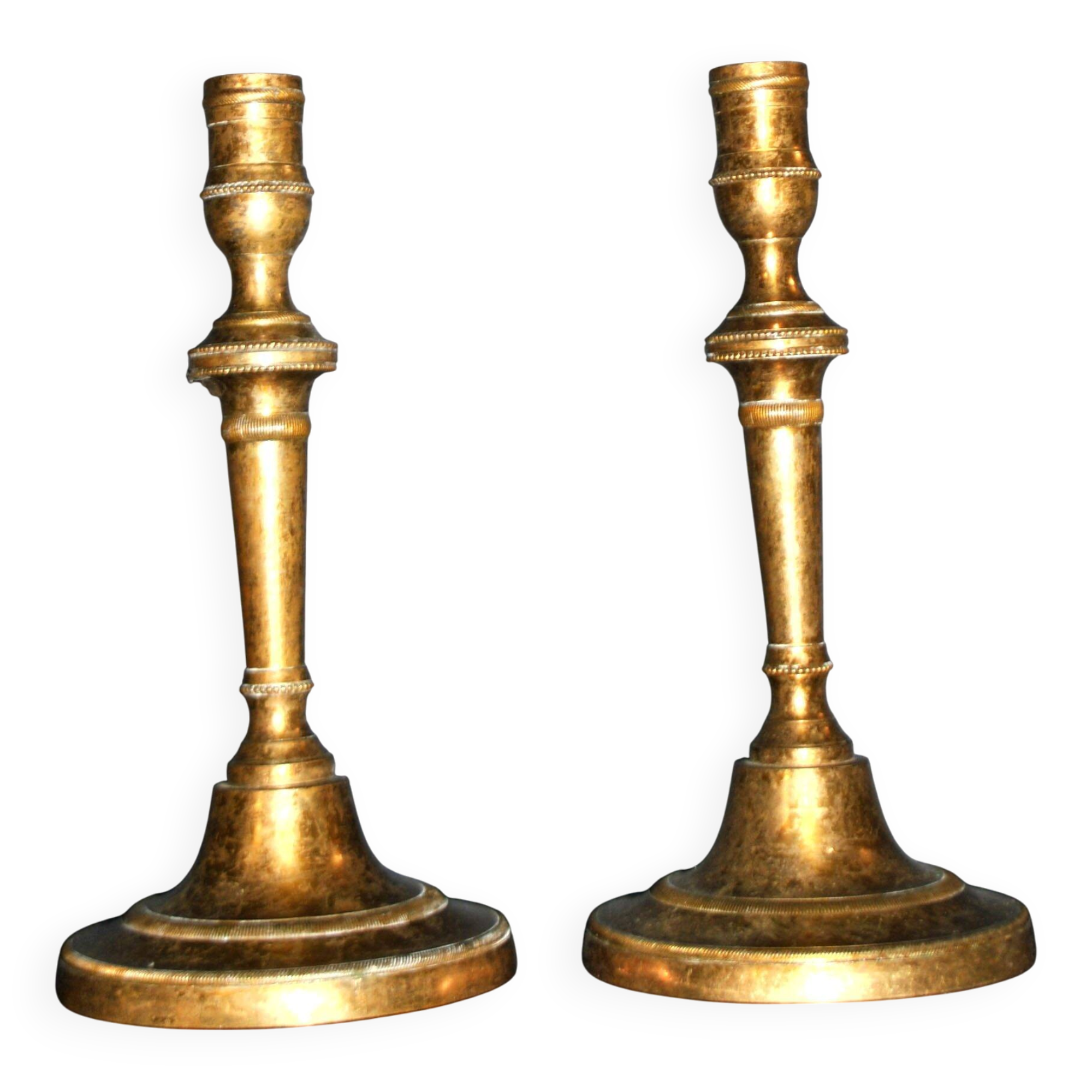 Set of 2 antique baluster candle holders in bronze – Pair of 19th-century beaded gadrooned candlesticks.