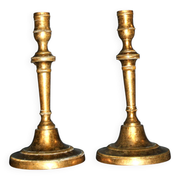 Set of 2 antique baluster candle holders in bronze – Pair of 19th-century beaded gadrooned candlesticks.
