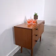 Vintage small teak cabinet with drawers, flap and black handles, hallway cabinet.