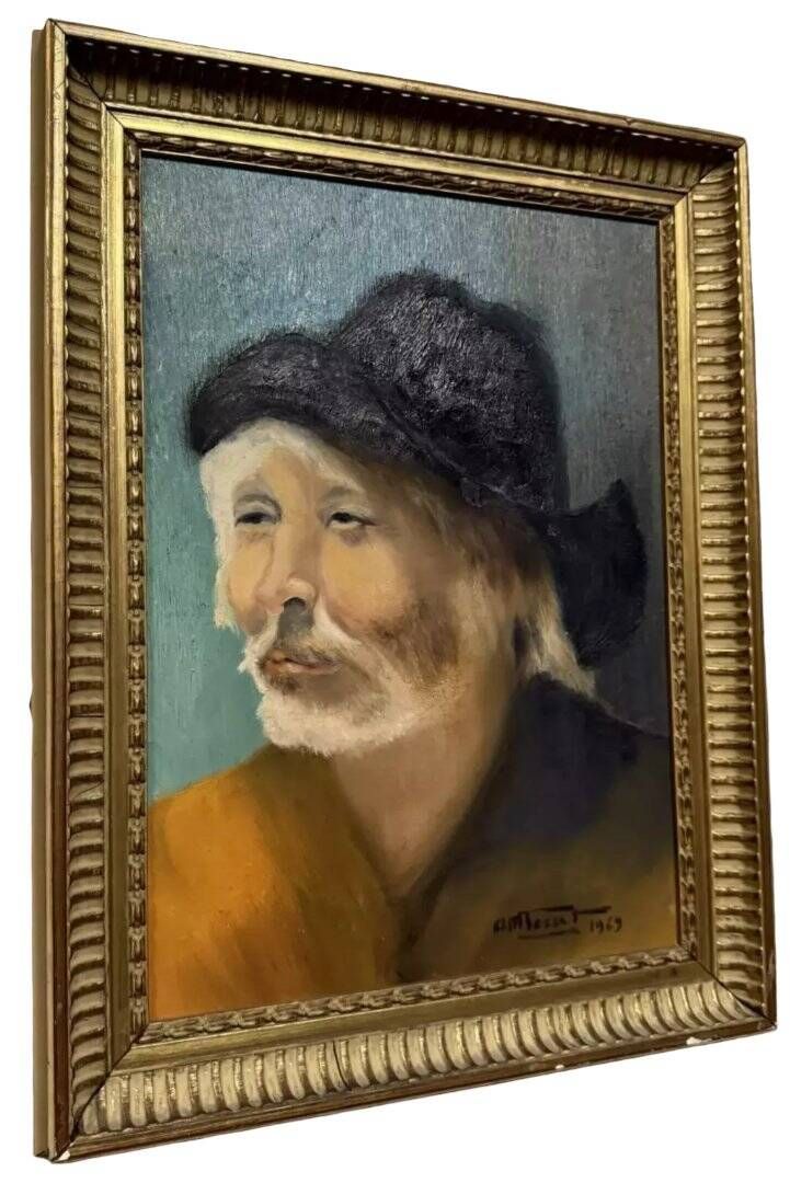Oil painting on canvas portrait of a Chinese man in a black hat.