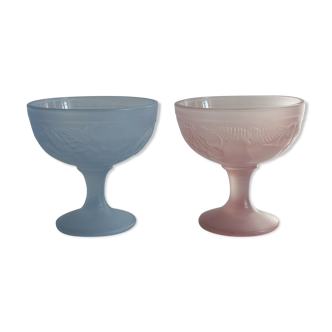 2 coupes à glace en verre opalisé pastel vintage