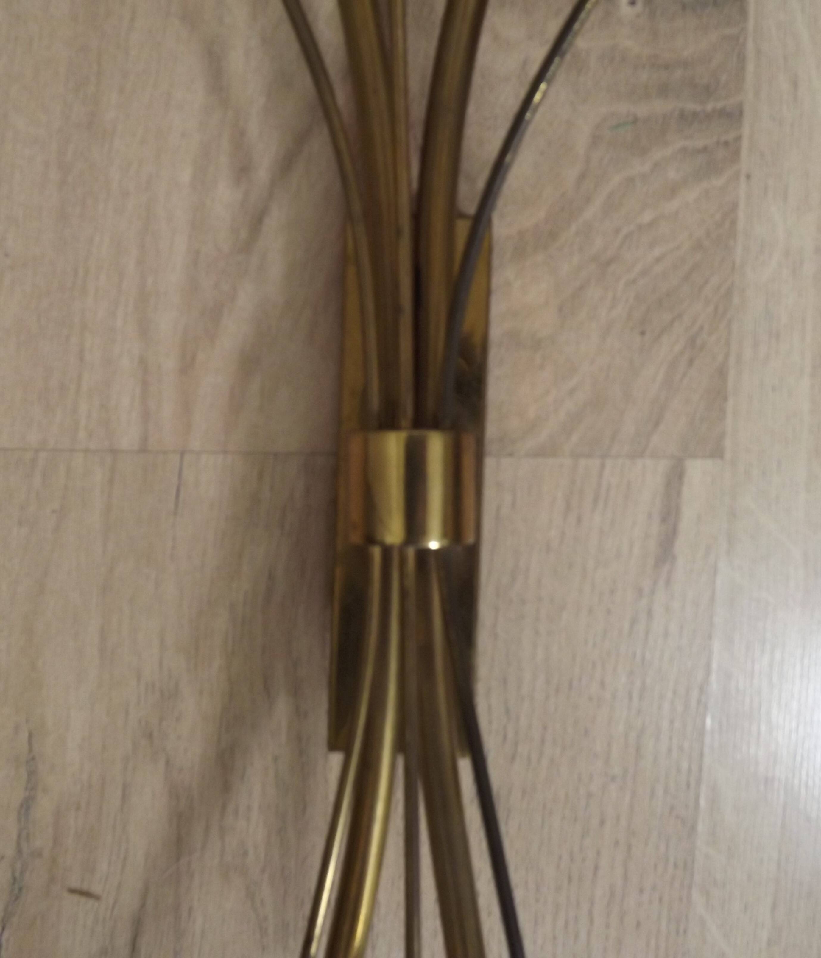 Mid-Century French Brass Sconces • Bullrush Design • Opaque Glass Shades