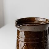 Vintage ceramic pitcher or vase with handle by Urbano Fontana, relief, brown glaze, Italy 1970s.