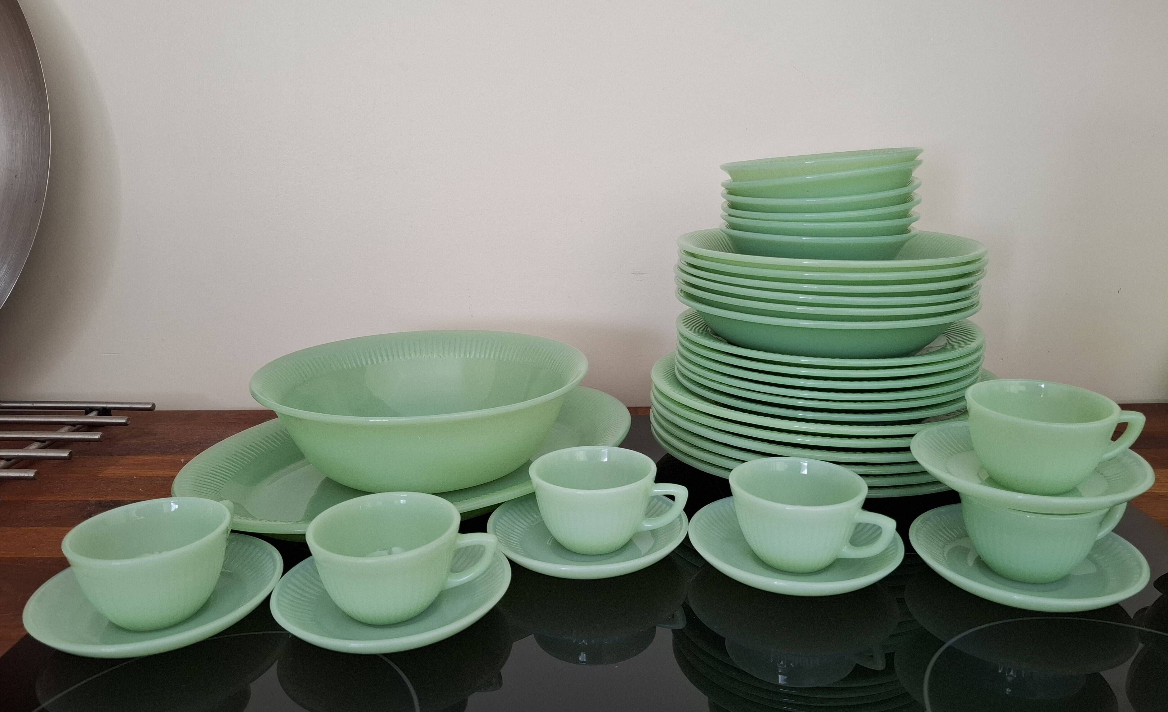 Rare 1950s Fire-King Jadeite "Jane Ray" Dinner & Coffee Service - 32-Pieces