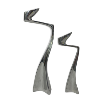 Set of 2 Swan candlesticks aluminium by Matthew Hilton  1980's