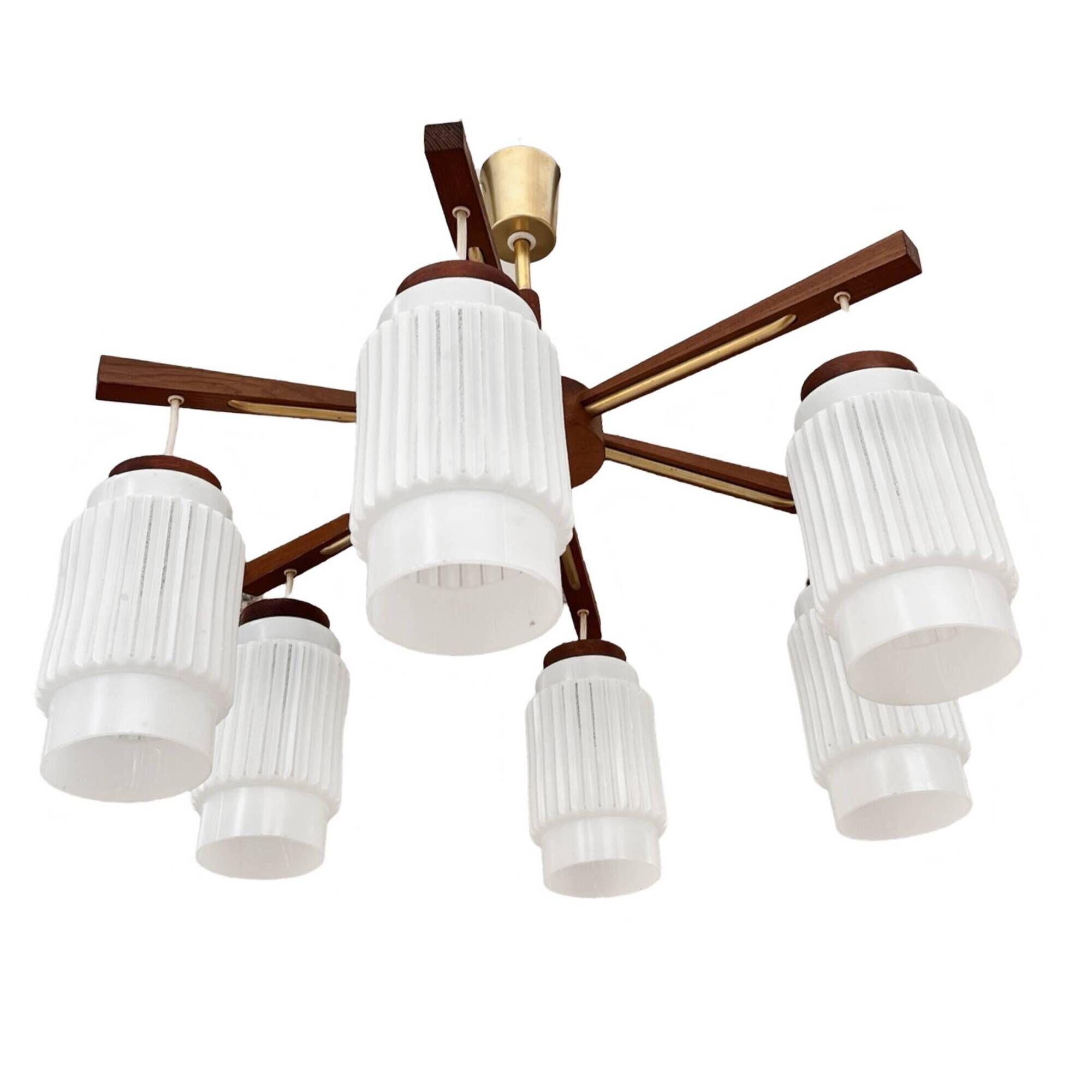 Scandinavian six-arm chandelier made of teak wood, Denmark, 1970s.