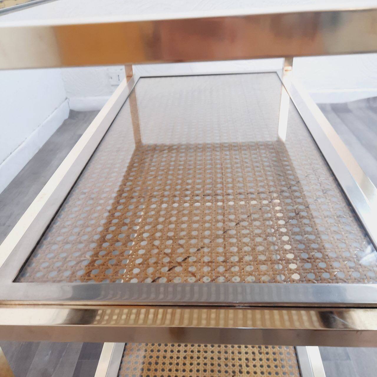 Trolley with wheels, wicker, brass and steel