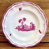 6 anciennes assiettes creuses à soupe Gien paysage rose 1938/1960