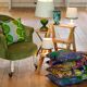 Toad in almond green velvet armchair on castors