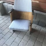 Mid-century grey cinema armchair in beech and fabric — Hungarian seat from the 1950s