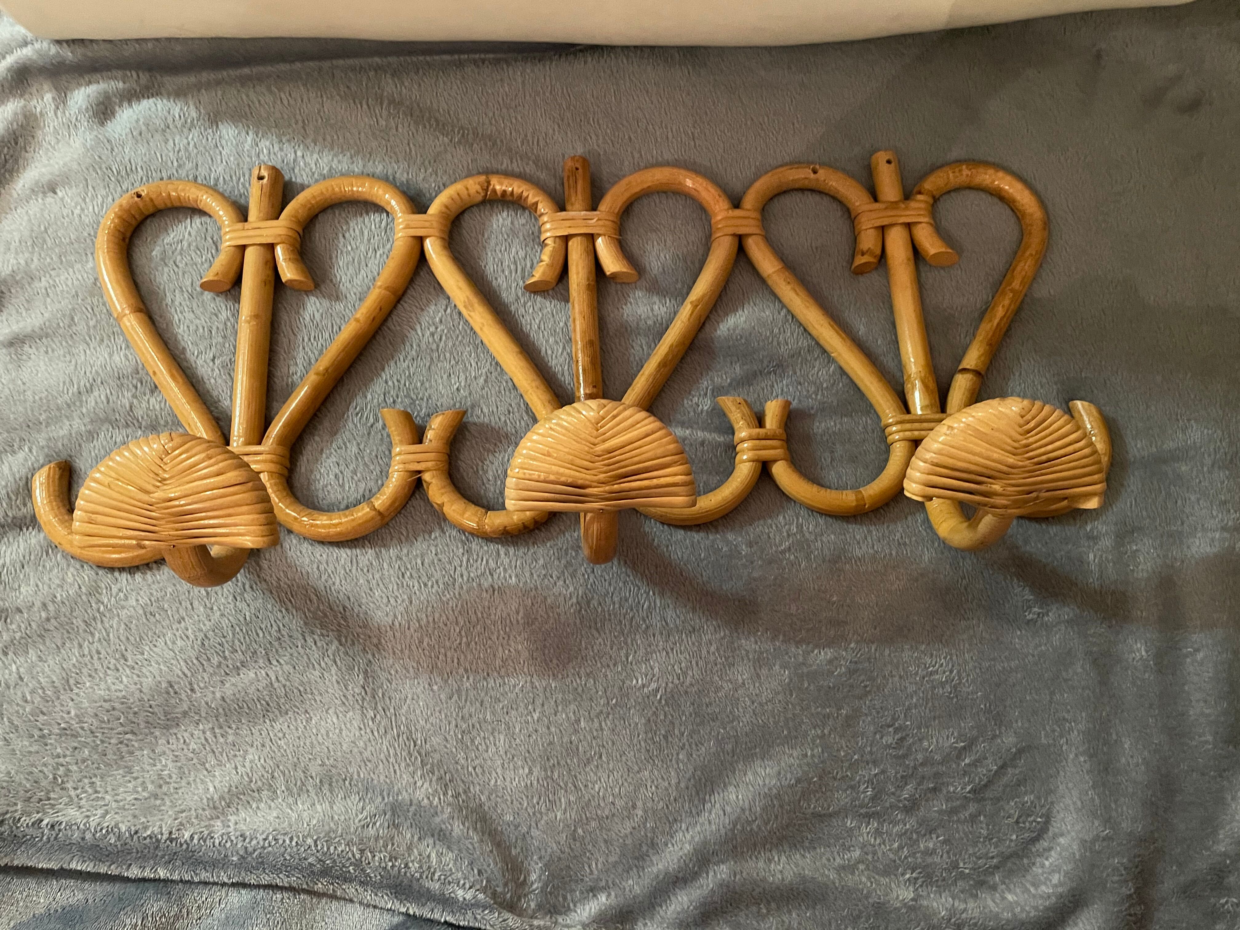 Vintage rattan wall coat holder with 3 pateres
