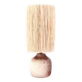 Lampe en céramique blanche et marron, abat jour en raphia
