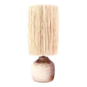 White and brown ceramic lamp, raffia shade