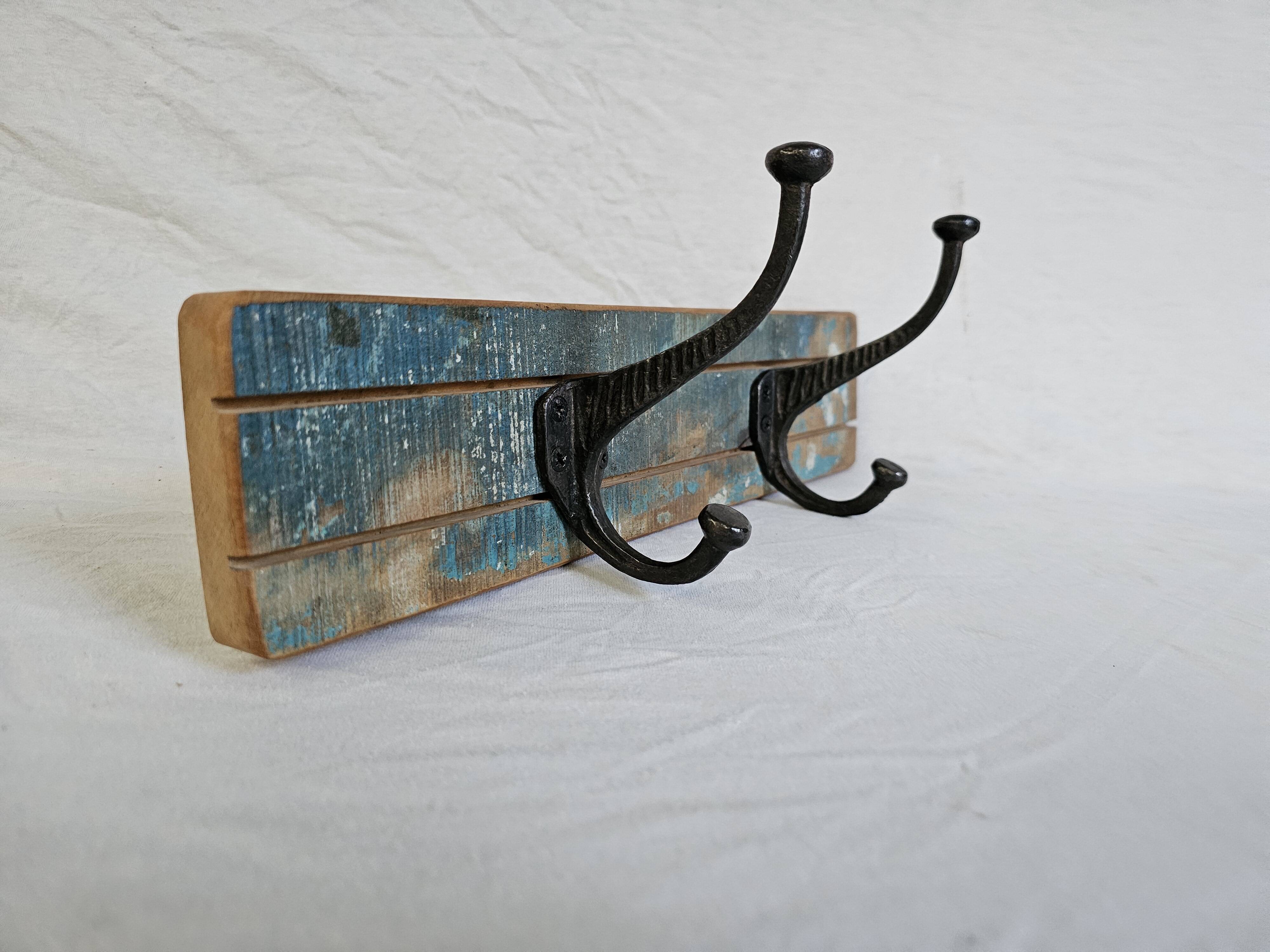 Solid teak coat hook with 2 double cast iron hooks