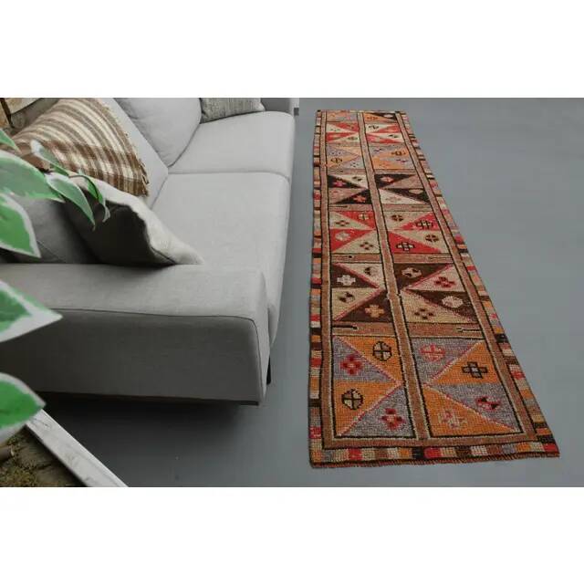 1970s Vintage Turkish Handmade Wool & Cotton Orange Runner Rug 82x340