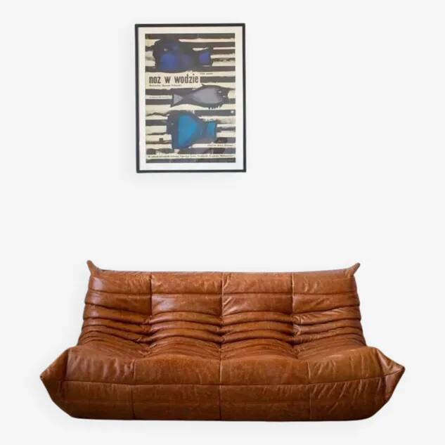 Pine leather Togo 3-seater sofa by Michel Ducaroy for Ligne Roset