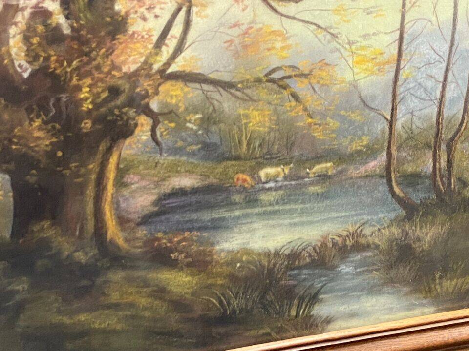 Late 19th century pastel painting signed A. Leroumeau with cows near the pond