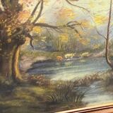 Tableau pastel fin XIXe signé A. Leroumeau aux vaches près de l'étang