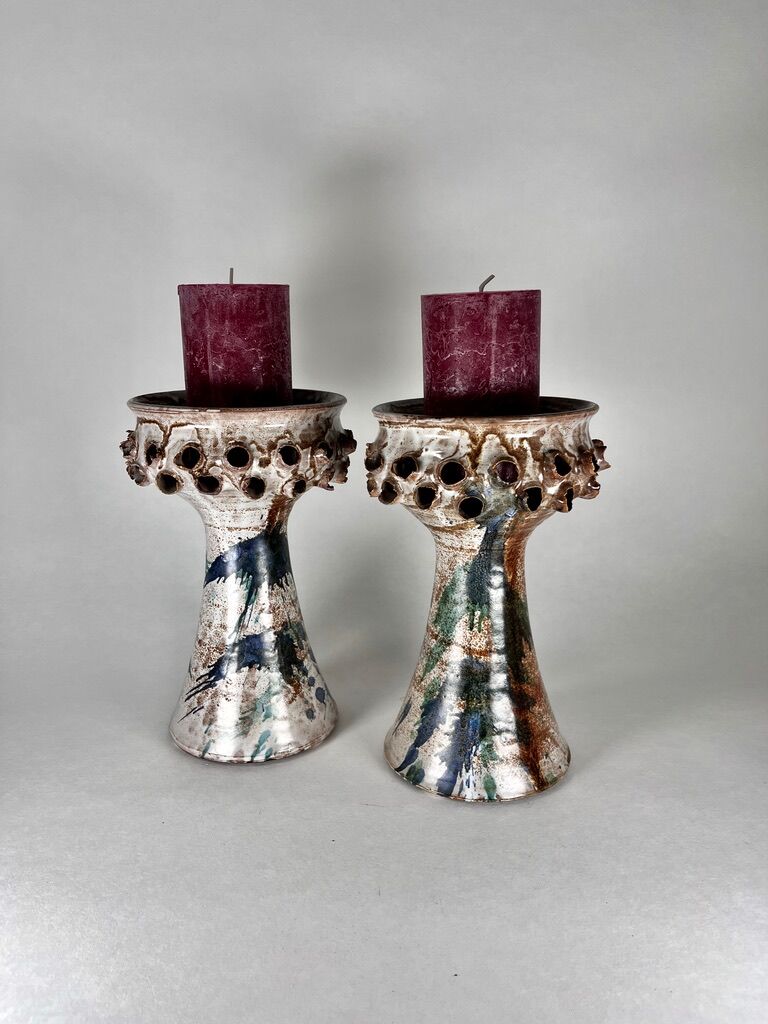 Pair of candle holders in vintage Danish ceramic 1970 signed