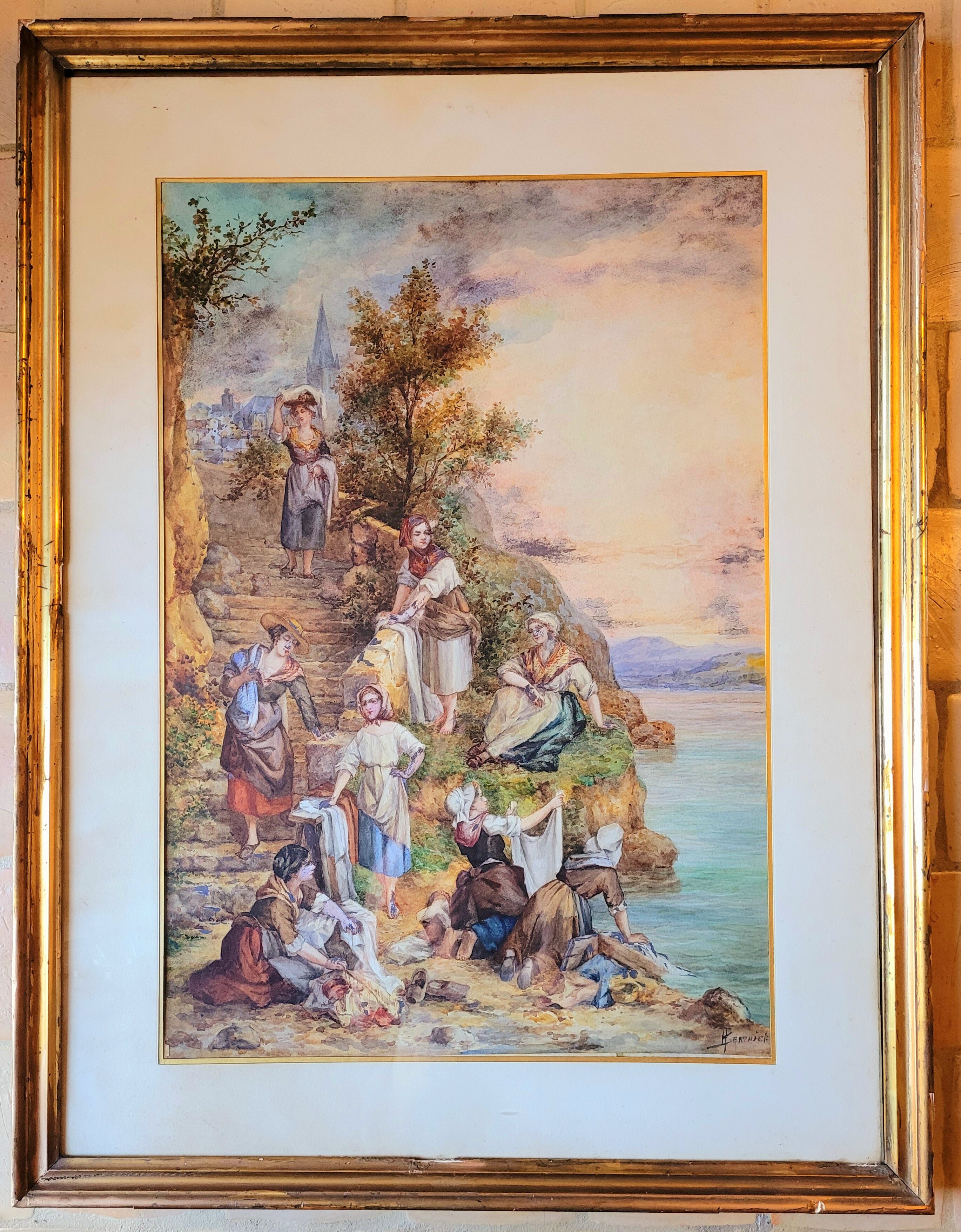 Ancien grand tableau aquarelle vintage signée Paul Berthier fin  XIXe début XXe