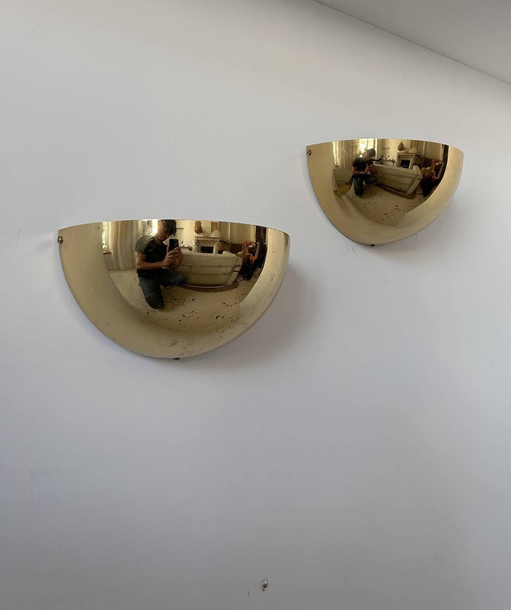 Pair of vintage half moon wall lights, brass, France 1970
