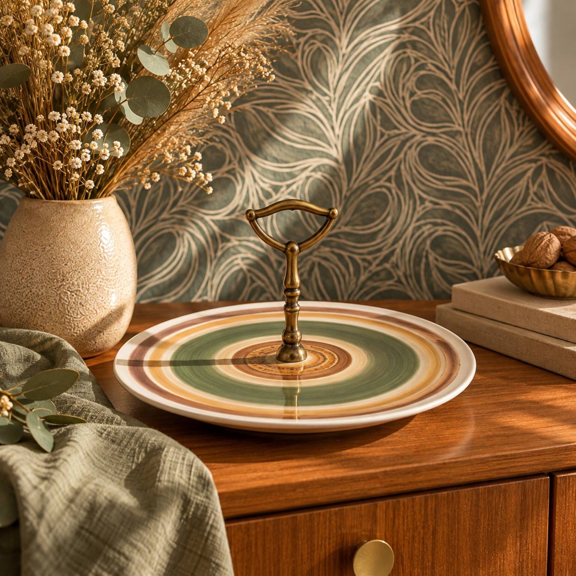 Vintage presentation plate Gien – Sage green and ochre