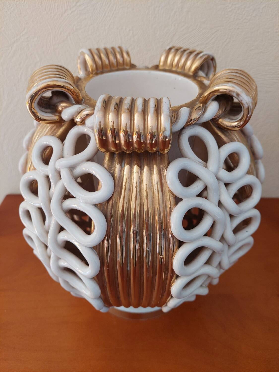 Sainte Radegonde ball vase in white and gold earthenware circa 1940-1950