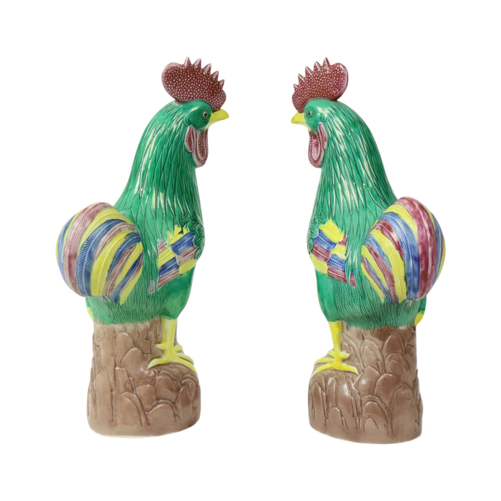 Pair of Glazed Polychrome Roosters Chinese Porcelain 34cm