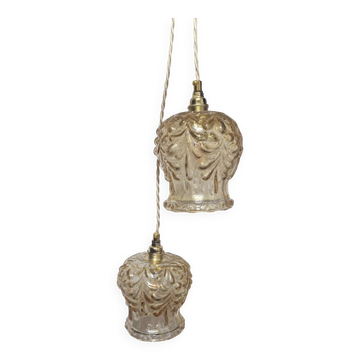 Duo of amber molded glass portable lamps