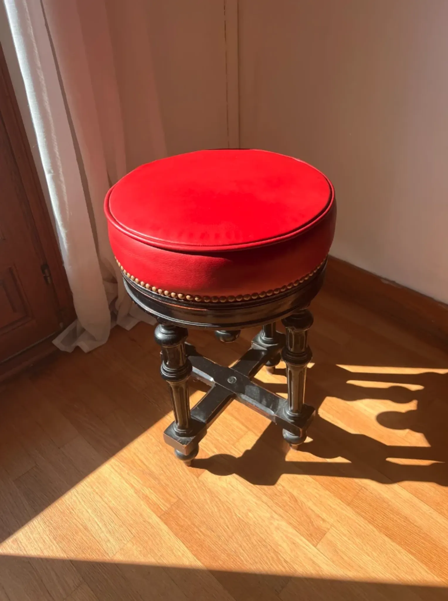 Napoleon III Piano Stool, French Red Velvet Ebonized Wood Accent Seat,