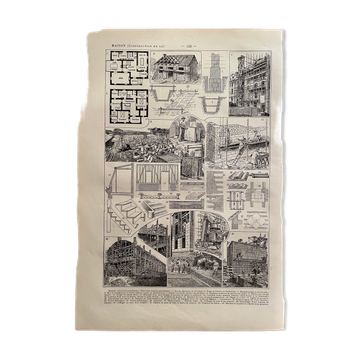 Lithographie gravure sur la construction de la maison de 1922