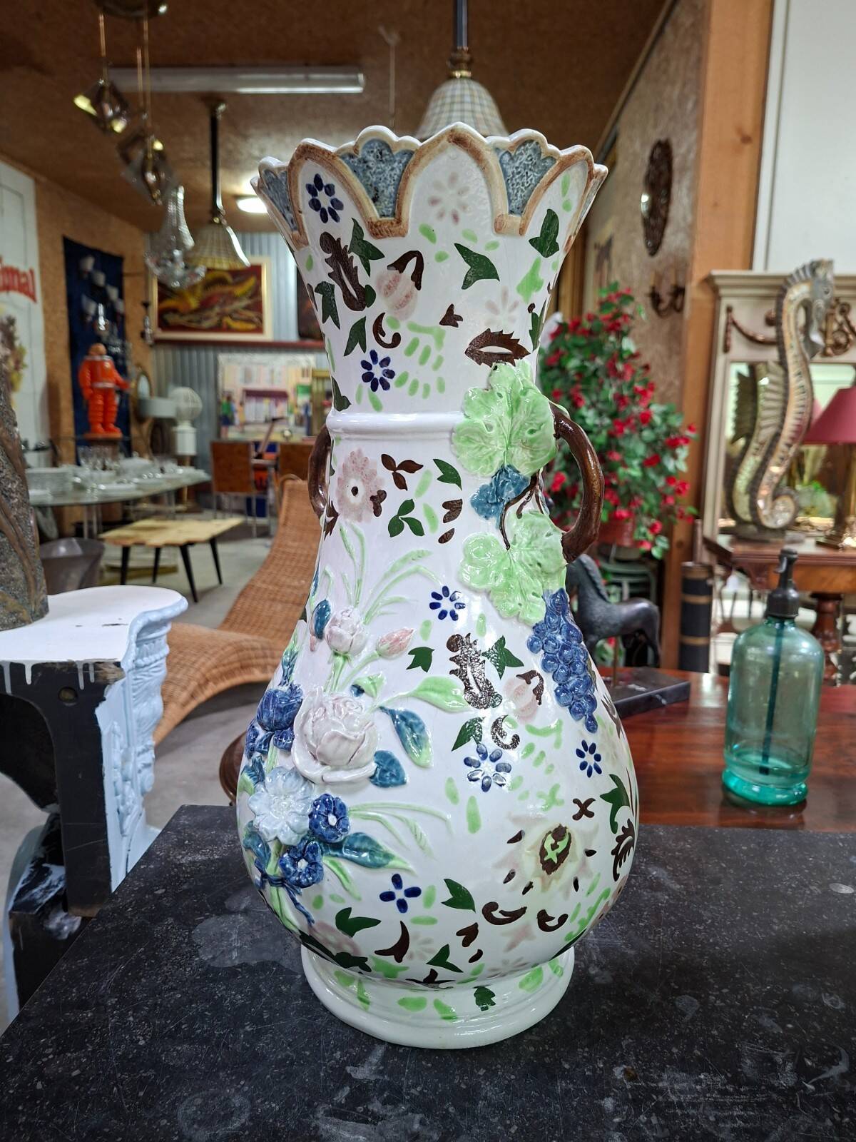 polychrome faience vase with relief floral decoration – 20th century