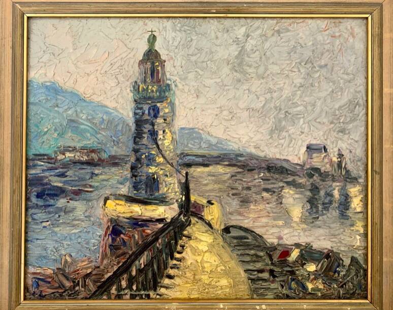 Large OIL ON WOOD representing the view of a "Lighthouse on the pier"