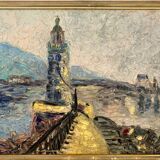 Large OIL ON WOOD representing the view of a "Lighthouse on the pier"