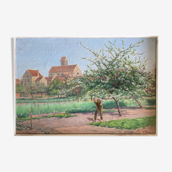 Tableau hst de walter prell (1857-1936) "cerisiers en fleurs" " xix° siècle