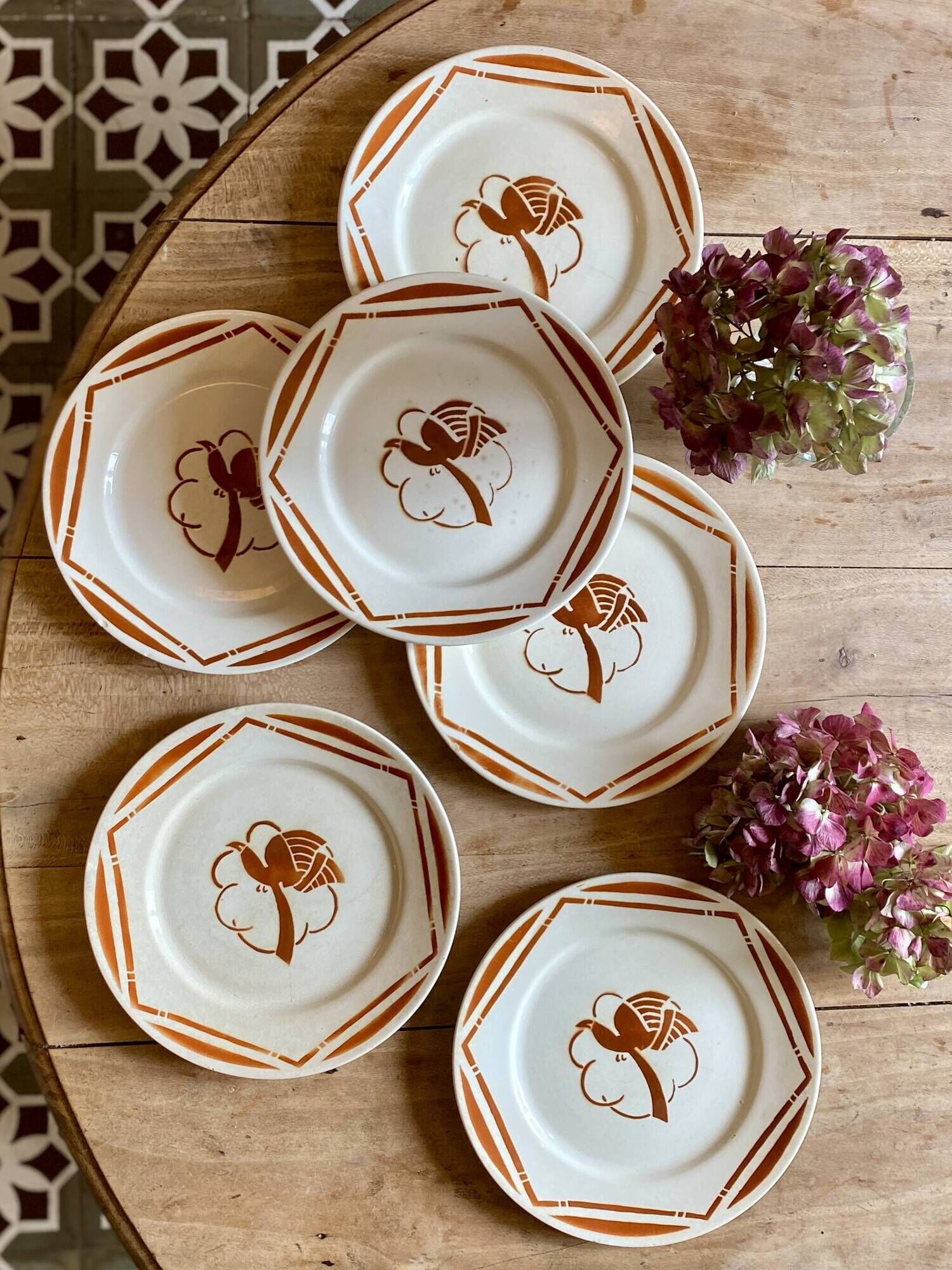 Set of 6 vintage flat plates in iron earth, Paradis de Badonvillier models