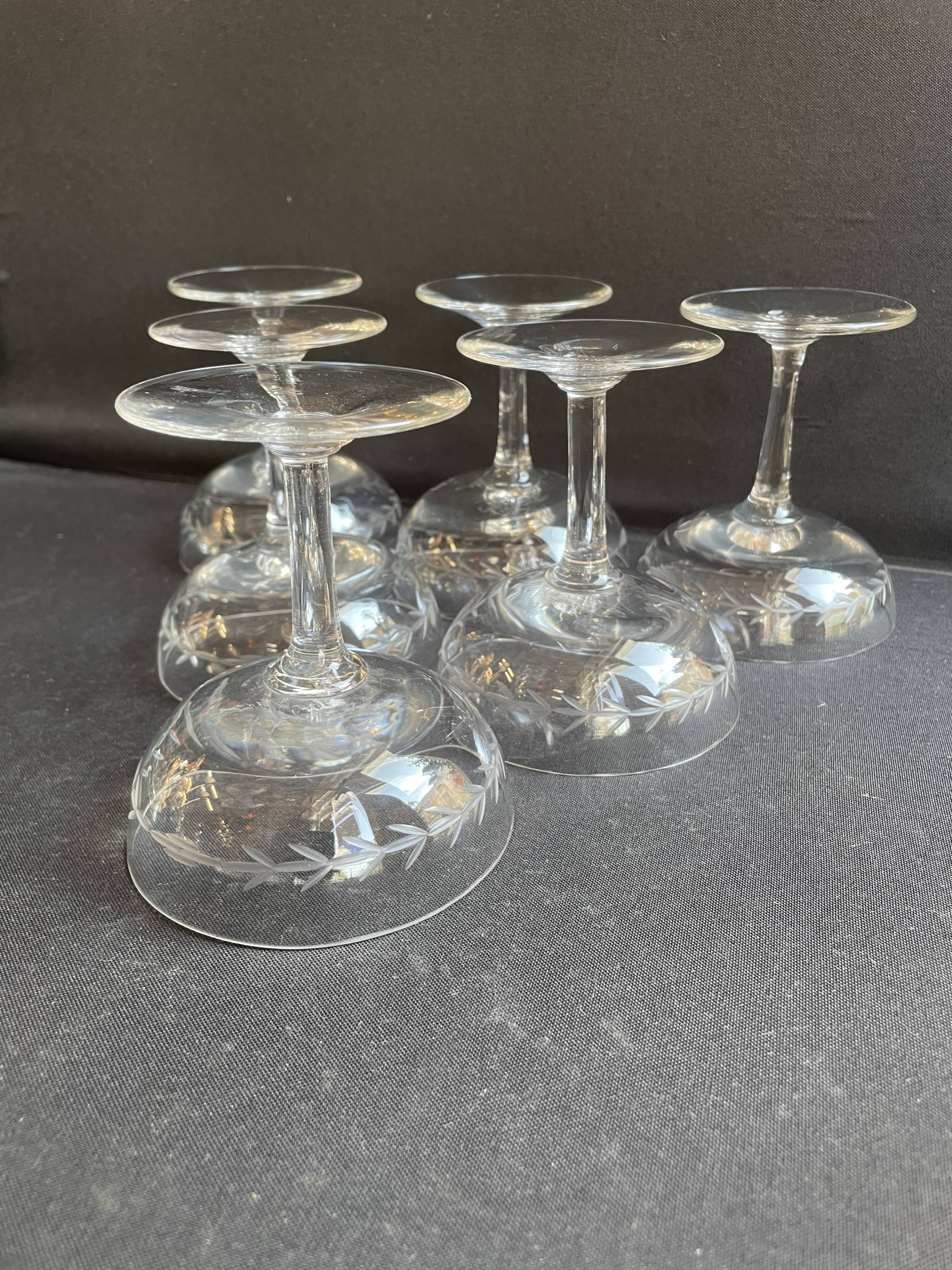 6 Blown and Cut Champagne Glasses