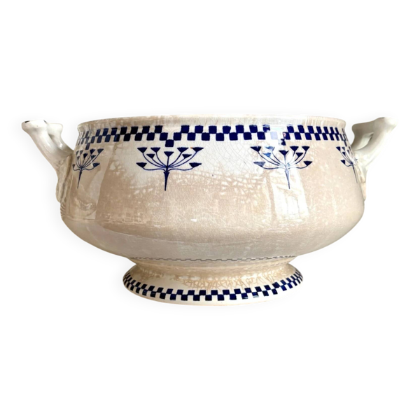 Saladier, soupière Creil & Montereau en terre de fer, service ''Damier