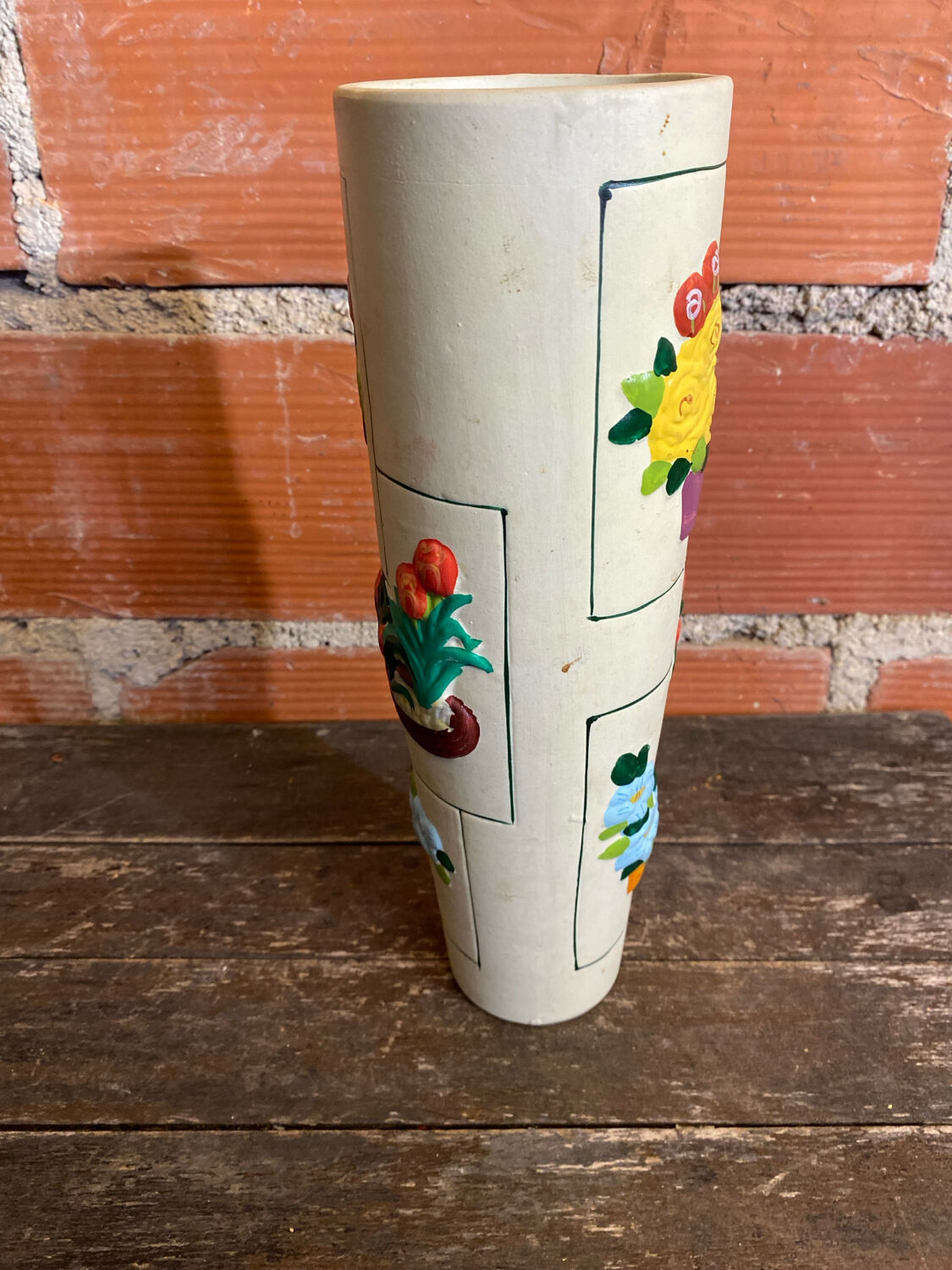 Old Rolled Vase Beige Ceramic Polychrome Flower Decor Vintage #D