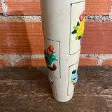 Old Rolled Vase Beige Ceramic Polychrome Flower Decor Vintage #D