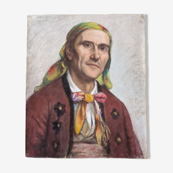 Marguerite Dubois née en 1883 pastel sur papier  "Portrait de gitan" - Signé et daté 1904